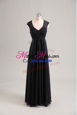 Attractive Black Zipper V-neck Lace Prom Gown Chiffon Cap Sleeves