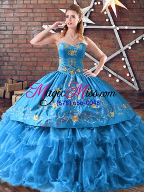 Floor Length Blue Ball Gown Prom Dress Sweetheart Sleeveless Lace Up