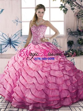 Romantic Pink Lace Up Sweetheart Beading and Ruffles Ball Gown Prom Dress Organza and Tulle Sleeveless