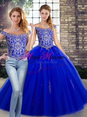 Two Pieces Quinceanera Dresses Royal Blue Off The Shoulder Tulle Sleeveless Floor Length Lace Up