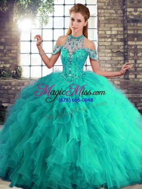 Modern Turquoise Ball Gowns Beading and Ruffles Quinceanera Dresses Lace Up Tulle Sleeveless Floor Length