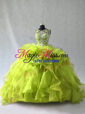 Trendy Yellow Green Ball Gowns Organza Scoop Sleeveless Beading and Ruffles Floor Length Lace Up Vestidos de Quinceanera