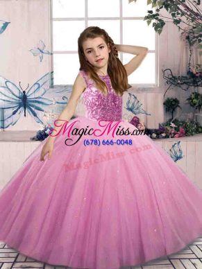 Custom Made Lilac Tulle Lace Up Little Girls Pageant Dress Wholesale Sleeveless Floor Length Beading