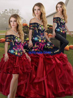 Dynamic Off The Shoulder Sleeveless Quinceanera Gowns Floor Length Embroidery and Ruffles Red And Black Organza