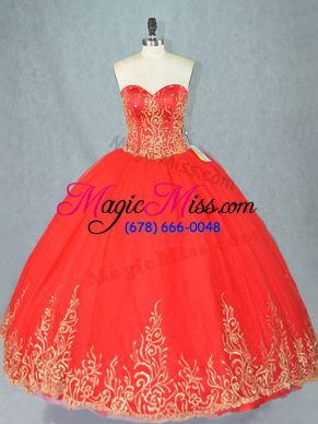 Sleeveless Tulle Floor Length Lace Up Sweet 16 Quinceanera Dress in Red with Beading