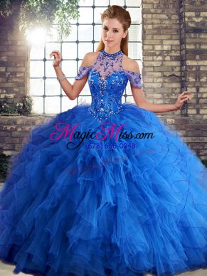 Delicate Royal Blue Tulle Lace Up 15 Quinceanera Dress Sleeveless Floor Length Beading and Ruffles