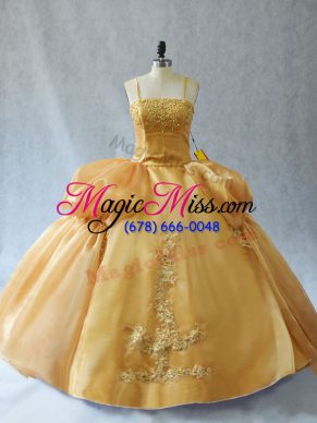 Gold Sleeveless Appliques Floor Length Vestidos de Quinceanera