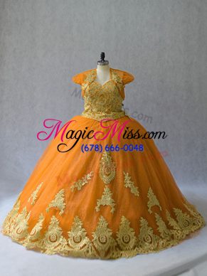 Gold Tulle Lace Up Sweet 16 Dress Sleeveless Court Train Appliques