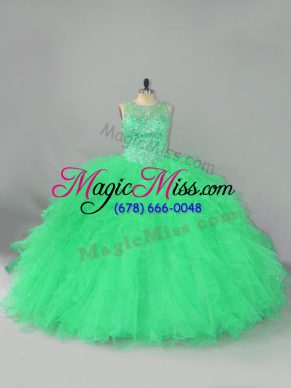 Green Ball Gown Prom Dress Sweet 16 and Quinceanera with Beading and Ruffles Scoop Sleeveless Lace Up