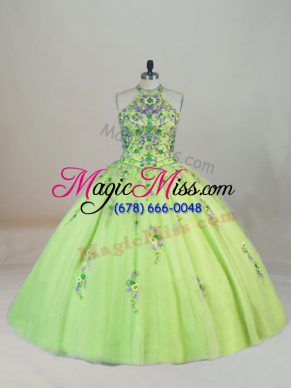 Yellow Green Halter Top Lace Up Embroidery Vestidos de Quinceanera Brush Train Sleeveless