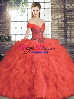 Fashion Coral Red Tulle Lace Up Off The Shoulder Sleeveless Floor Length Sweet 16 Dresses Beading and Ruffles