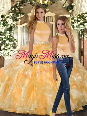 Attractive Beading and Ruffles Quinceanera Gowns Gold Backless Sleeveless Floor Length