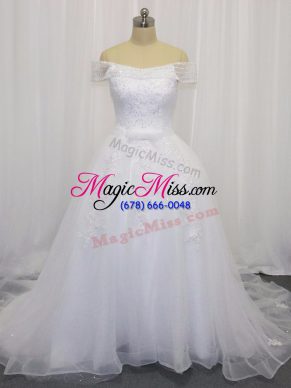 Tulle Sleeveless Bridal Gown Court Train and Beading and Lace and Belt