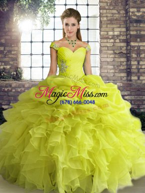 Dynamic Yellow Green Organza Lace Up Sweet 16 Dress Sleeveless Floor Length Beading and Ruffles and Pick Ups