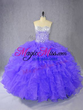 Shining Floor Length Lace Up Ball Gown Prom Dress Purple for Sweet 16 and Quinceanera with Ruffles