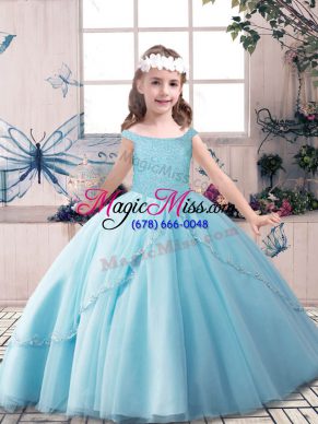 Beading Little Girls Pageant Gowns Blue Lace Up Sleeveless Floor Length