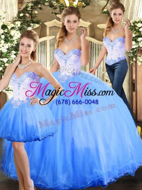 Wonderful Blue Sleeveless Beading Floor Length Sweet 16 Quinceanera Dress