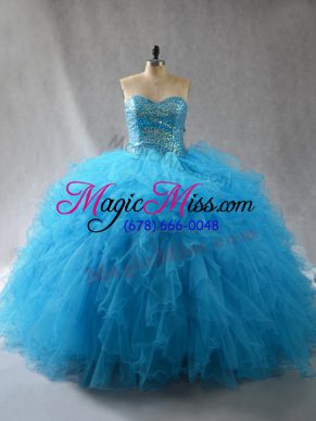 Comfortable Floor Length Baby Blue Sweet 16 Dress Tulle Sleeveless Beading and Ruffles