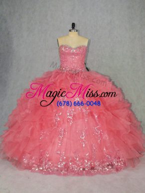 Watermelon Red Lace Up Sweet 16 Dresses Beading and Ruffles Sleeveless Floor Length