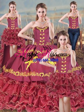 Fashion Burgundy Ball Gowns Embroidery Sweet 16 Quinceanera Dress Lace Up Organza Sleeveless