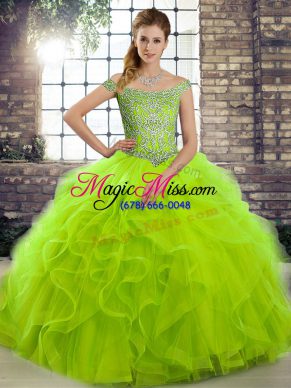 Sleeveless Beading and Ruffles Lace Up Quince Ball Gowns with Brush Train