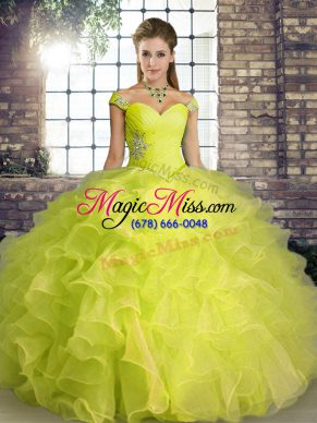 Yellow Green Ball Gowns Beading and Ruffles Quinceanera Dress Lace Up Organza Sleeveless Floor Length