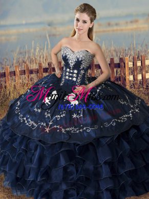 Customized Sweetheart Sleeveless Satin and Organza Sweet 16 Dress Embroidery and Ruffles Lace Up