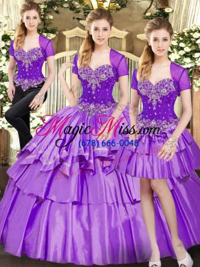 Shining Lavender Sleeveless Organza and Taffeta Lace Up Quinceanera Dresses for Military Ball and Sweet 16 and Quinceanera