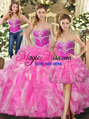 Rose Pink Sweetheart Neckline Beading and Ruffles Sweet 16 Dresses Sleeveless Lace Up