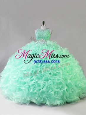 Designer Apple Green Zipper Scoop Beading and Ruffles Ball Gown Prom Dress Fabric With Rolling Flowers Sleeveless