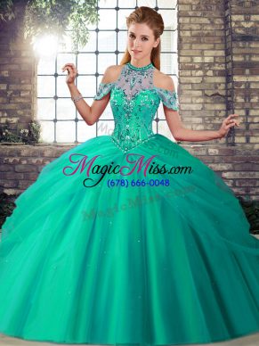 Admirable Turquoise Ball Gowns Halter Top Sleeveless Tulle Brush Train Lace Up Beading and Pick Ups Quinceanera Gowns