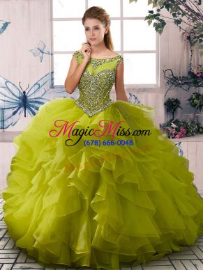 Floor Length Olive Green Sweet 16 Dress Organza Sleeveless Beading and Ruffles