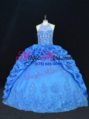 On Sale Floor Length Blue Quinceanera Gowns Taffeta Sleeveless Beading and Appliques and Embroidery and Pick Ups