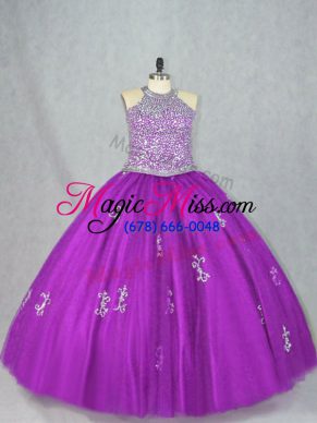 Elegant Purple Sleeveless Floor Length Beading and Appliques Lace Up Sweet 16 Quinceanera Dress