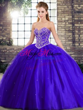 Sexy Lace Up Sweet 16 Dress Blue for Military Ball and Sweet 16 and Quinceanera with Beading Brush Train