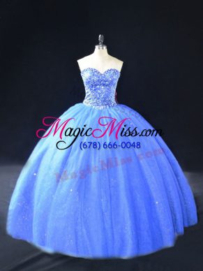 Ball Gowns Ball Gown Prom Dress Blue Sweetheart Tulle Sleeveless Floor Length Lace Up