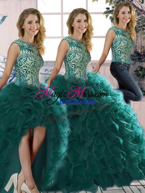 Customized Floor Length Three Pieces Sleeveless Peacock Green Ball Gown Prom Dress Lace Up