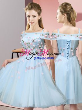 Light Blue Empire Appliques Court Dresses for Sweet 16 Lace Up Tulle Short Sleeves Knee Length