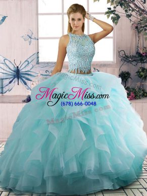 Pretty Aqua Blue Scoop Neckline Beading and Ruffles Quinceanera Gown Sleeveless Zipper