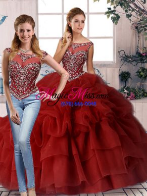 Wine Red Organza Zipper Scoop Sleeveless Quinceanera Dress Brush Train Beading and Pick Ups