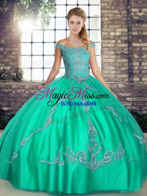 Affordable Off The Shoulder Sleeveless Lace Up Quinceanera Dresses Turquoise Tulle