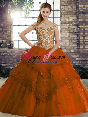 Vintage Off The Shoulder Sleeveless Quinceanera Gown Brush Train Beading and Lace Rust Red Tulle