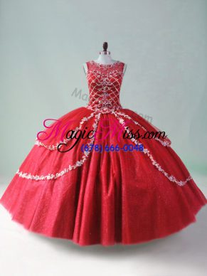 Red Zipper Quinceanera Gown Beading and Appliques Sleeveless Floor Length