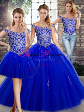 Cheap Off The Shoulder Sleeveless Sweet 16 Dress Floor Length Beading Royal Blue Tulle