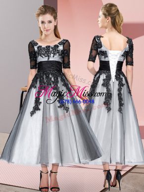 Grey Short Sleeves Beading and Lace Tea Length Quinceanera Court of Honor Dress