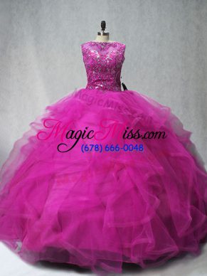 Sleeveless Brush Train Beading and Ruffles Lace Up Quinceanera Gown