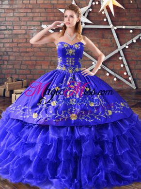 Romantic Royal Blue Quinceanera Gown For with Embroidery and Ruffled Layers Sweetheart Sleeveless Lace Up