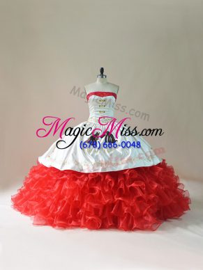 Floor Length White And Red Quinceanera Dresses Strapless Sleeveless Brush Train Lace Up