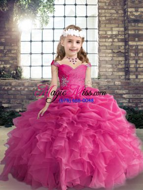 Hot Pink Sleeveless Floor Length Beading and Ruffles and Pick Ups Lace Up Little Girls Pageant Dress
