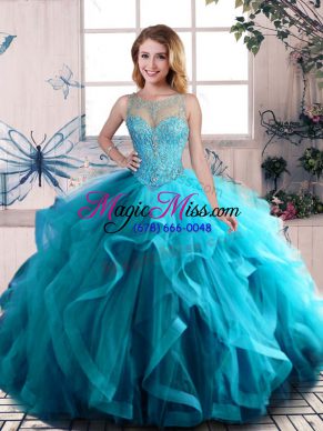 Floor Length Aqua Blue Sweet 16 Dresses Tulle Sleeveless Beading and Ruffles